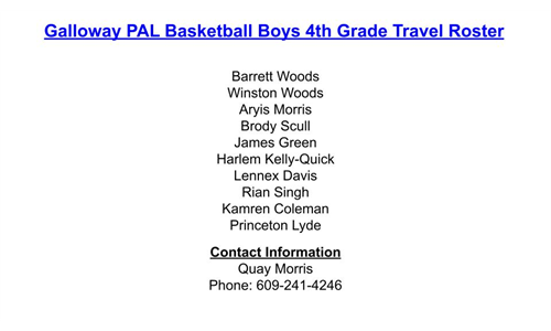 4th Grade Boys Travel Roster